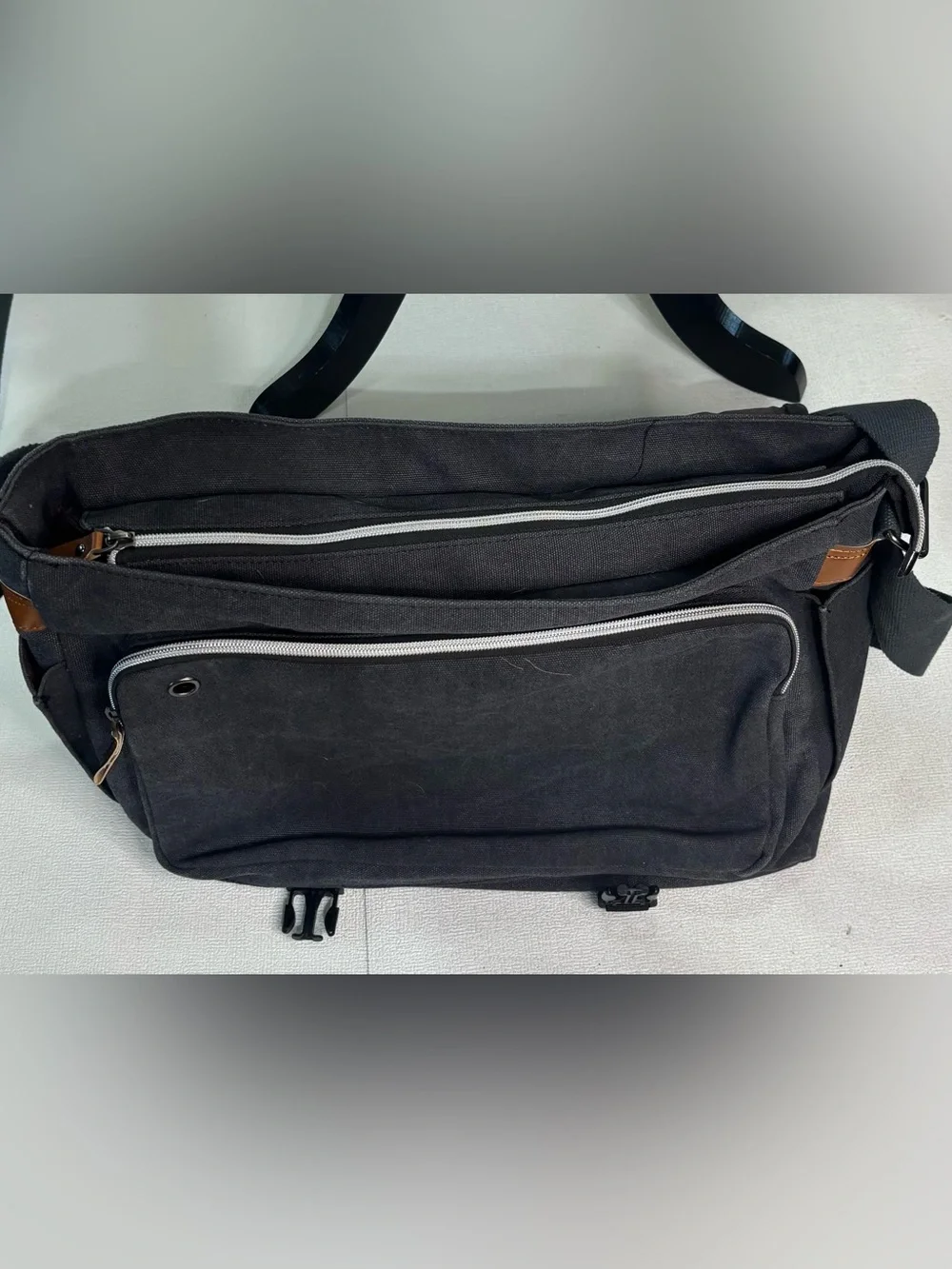 Black Canvas & Brown Leather Trim Messenger Bag FENGDONG